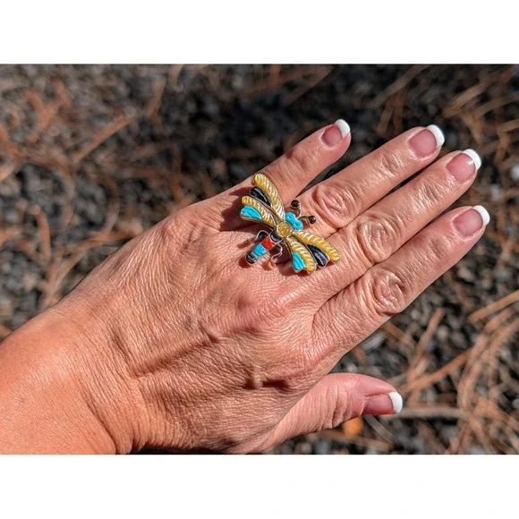 Zuni Dragonfly Inlay Ring Multi Stone Sterling Silver Sz 7.25 Signed Pinto - Picture 6 of 10